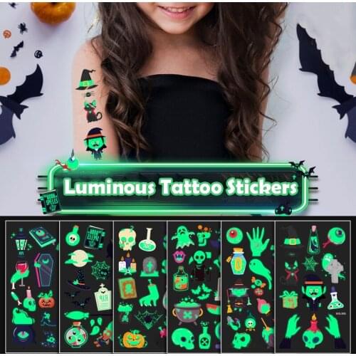 Tattoo Stickers Halloween Luminous Tattoo Ghost Taty Kids Fake Tattoo Glowing In Dark Waterproof Temporary Halloween Party