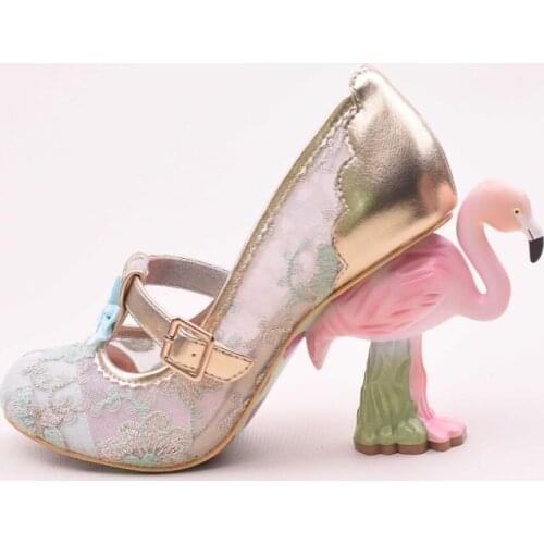 Flamingo High Heel Pumps Women Pink Green Lace Sequins Wedding Shoes Bridal Round Toe Slim Shallow Flower Print Bling Shoes