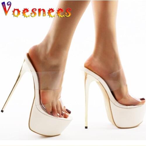 White Super High Thin Heels Transparent Simple Slippers Pole Dance Shoes Platform Sandals Sexy Party Dress Crystal Women Shoes