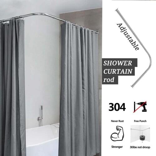 U-Shaped Shower Curtain Rod Retractable Curved 201 Stainless Steel Rail Rod No Punching Bathroom Curtain Mounting Rod 6 Size
