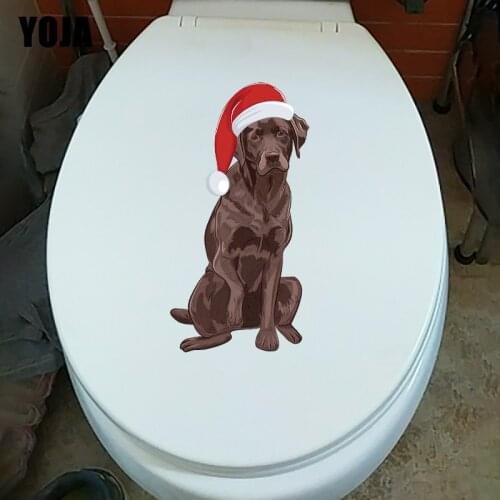 YOJA 11.7×24.2CM Cartoon Dog Wearing Christmas Hat Toilet WC Decoration Home Wall Stickers Decals T1-3096