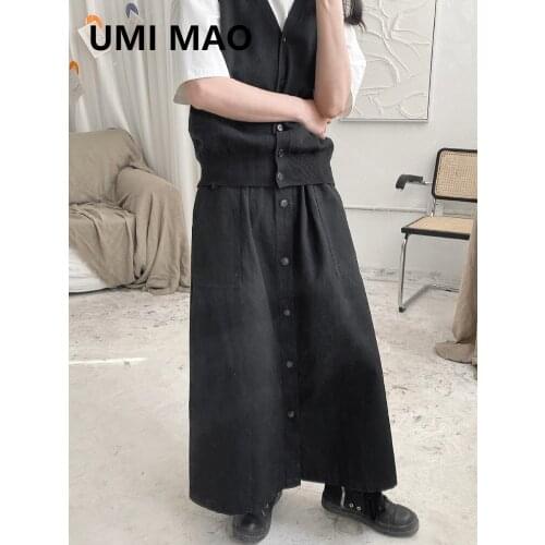 UMI MAO 2021 Spring Loose Long Skirt Female Yoji Yamamoto Wind Dark Black Japanese Mid-length Single-breasted Black A-line