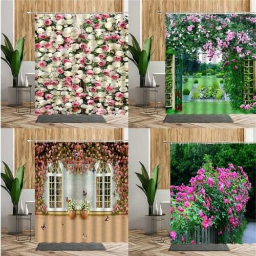 Garden Flowers Scenery Shower Curtains White Rose Green Plants Butterfly Gardens Decoration Door Curtain Waterproof Bath Screen