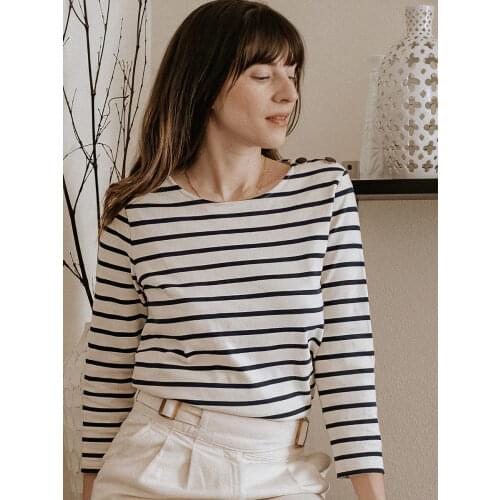Chic Striped T-shirt Woman Autumn Elegant Clothes Long Sleeve Round Neck Cotton Tshirts Ladies 2021 Casual Vintage Tee Tops