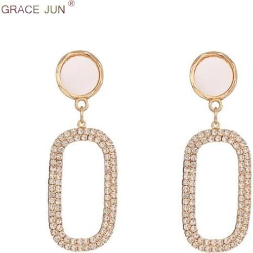 GRACE JUN European and American Rhinestone Shell Geoemtric Square Shape Clip on Earrings and Stud Pierced Earrings for Women New
