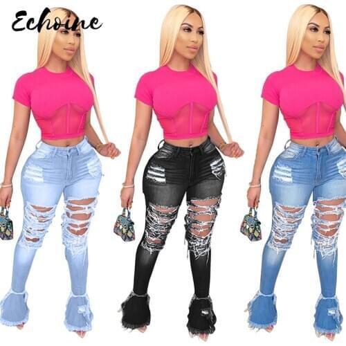 2020 Summer Denim Pants Women Retro Solid Sexy Hole Jeans Ripped Flare Trousers Street Skinny High Waist Lady Pants Plus Size 4X