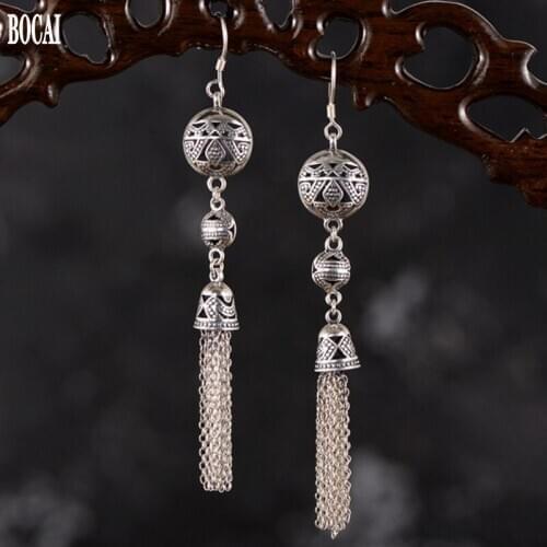 S925 pure silver jewelry Thai silver vintage tassel earrings for women openwork pattern ladies earrings classical ethnic style