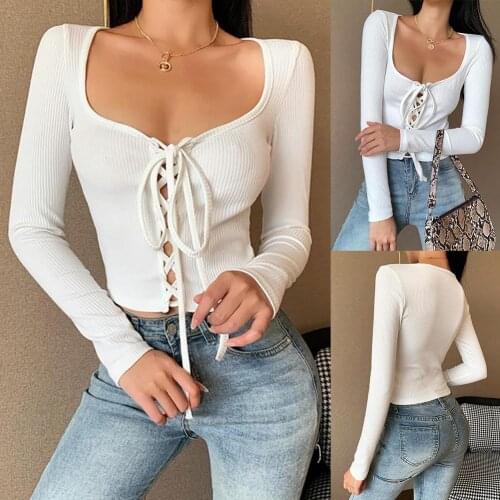 Women New Stylish Sexy Solid Color Lace-Up Long Sleeve Crop Top Blouse Slim Tee T-Shirt Pullover