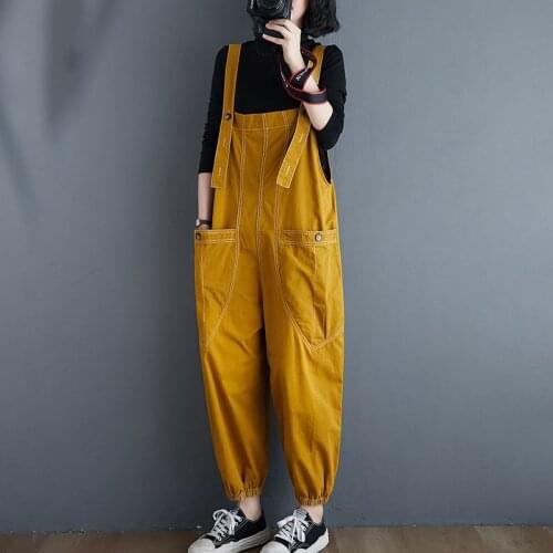 Yellow Black Overalls Women Casual Jumpsuit New 2021 Spring Summer Fashion Solid Color Loose Strap Pocket Rompers Harem Pants