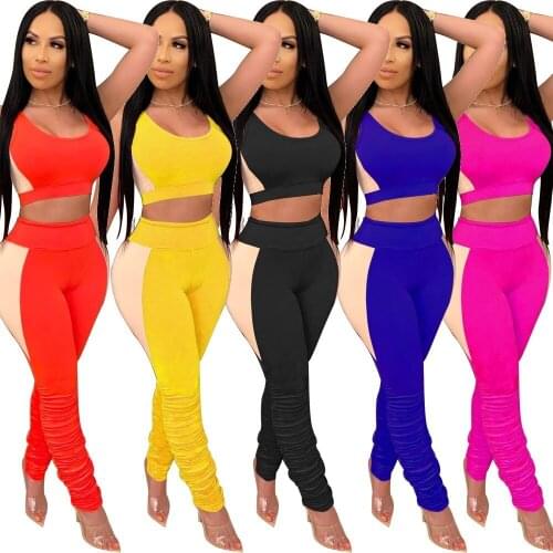 Women Sexy Summer 2 Piece Set Patchwork Tracksuit Sleeveless O Neck Crop Top+ Long Skinny Slim Pants Matching Sets Club Outfits