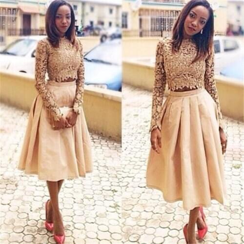 Two-Piece 2018 New Summer Sexy Tea-Length Long Sleeve Champagne Lace Women Special Party occasion robe de mother of the Dress