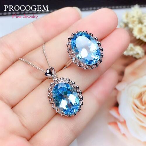 Procogem Natural Blue Topaz Jewelry sets for Women Party Cute Necklace Rings 10x14mm Big Oval gems vvs 925 Sterling Silver #698