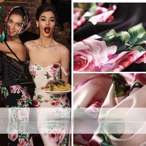 145cm*100cm designer fabric spot european digital printing quality imitation silk rose stretch satin fabric sewin for dress