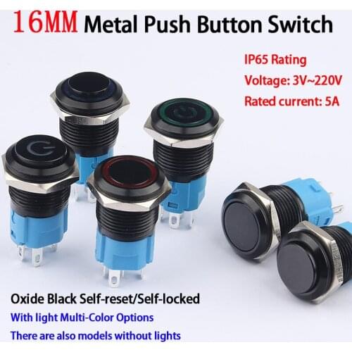 16mm Black Oxide Lighted Metal Push Button Switch Waterproof Dustproof Led Power Flat High Momentary Switches 3-6 12-24 110-220V