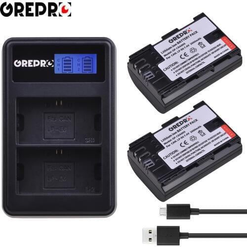 2Pcs 2000mAh LP-E6 LP E6 LP-E6N Battery + LCD Dual USB Charger for Canon EOS 5D Mark IV 5D2 5DS R 6D 60D 60Da 7D 7D2 7DII 70D