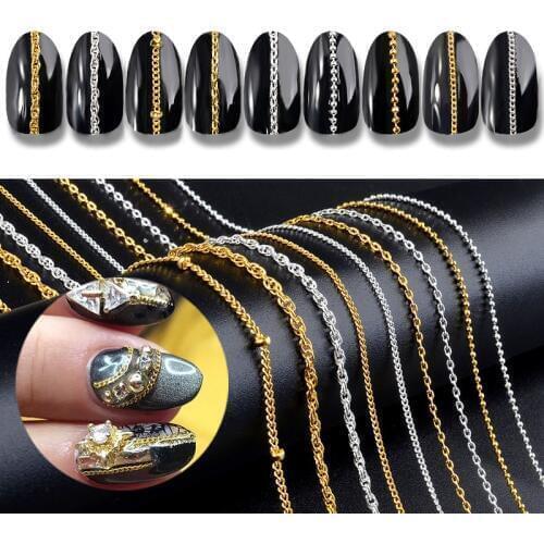 3D Gold Silver Metal Nail Chain Mixed Styles Striping Ball Beads Chain Nail Ornament Nail Art Decorations DIY Jewelry Accessory