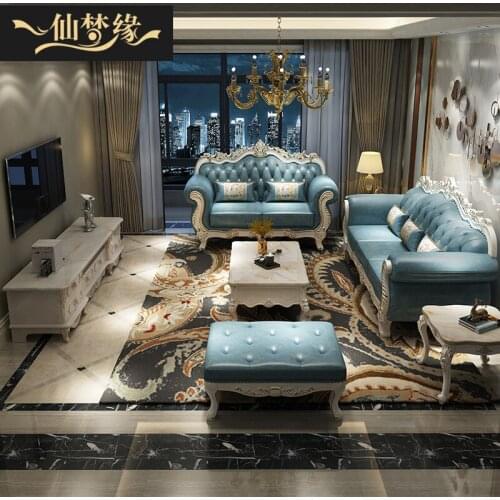 Solid wood carving large family combination 123 European style leather art sofa