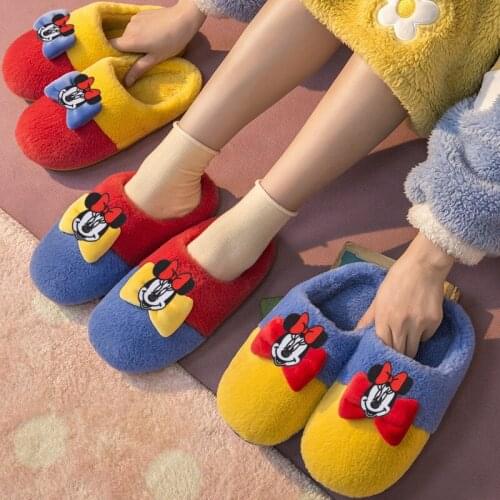 Disney Big Childrens Cartoon Minnie Mickey Non-slip Soft Bottom Girl Thicken Warm Home Shoes Slippers Cotton Shoes