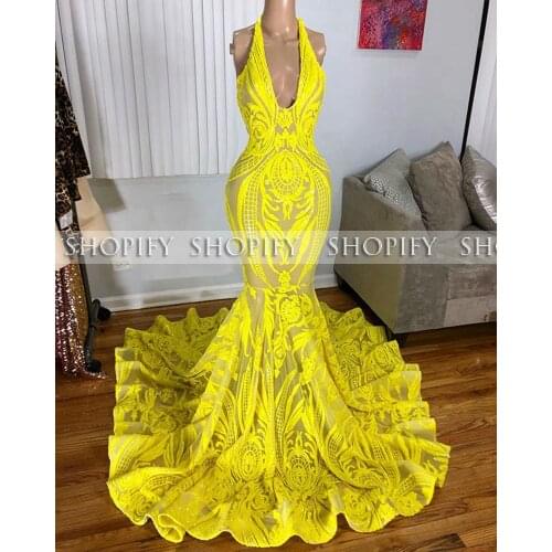 Long Elegant Yellow Prom Dresses 2020 V-neck Sexy Mermaid Sleeveless Sequin African Black Girls Prom Party Gala Gowns