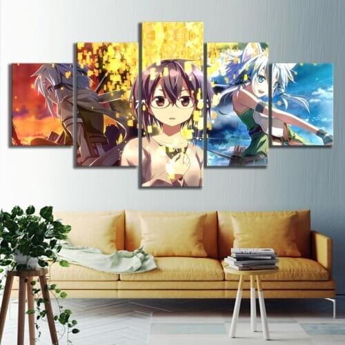 Canvas Print Wall Artwork 5 Panel Sword Art Online Module Poster Anime Girls Pictures for Living Room Home Decor Paintings