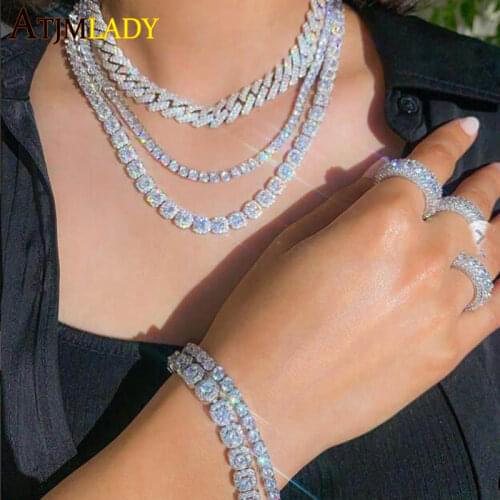 Iced out bling 5A cubic zirconia cz women jewelry 8MM geometric all round clear cz paved cz cluster link chain women necklace
