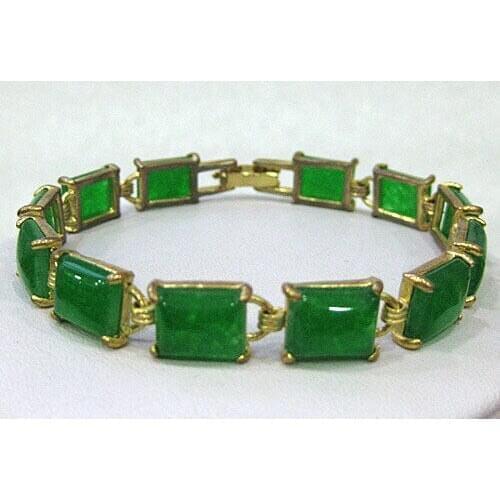 Pretty Natural Green Jade Gemstone gold-color chain bracelet 7.5inch