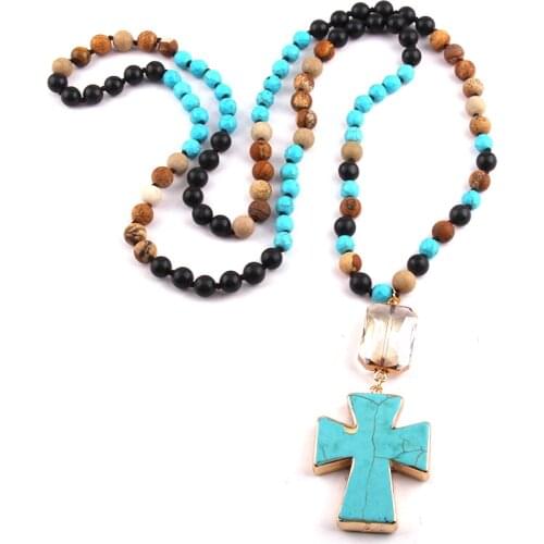 Fashion Jewelry 108 Beads Multi Stone Knotted Crystal Link Stone Cross Pendant Necklace Wome Yoga Necklace