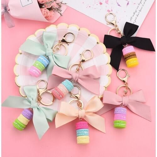 Cartoon Resin Macaron Keychain Keyring Women Girl Car Bag Charm Bow Macarons Cake Key Chains Party Gift Jewelry