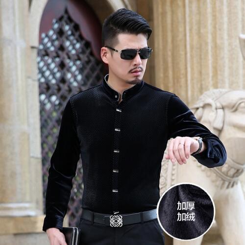 Hot Sale Autumn & Winter New Design Fashion Mens Thick Velvet Shirt Mandarin Collar Long Sleeve Warm Velvet Dress Shirts