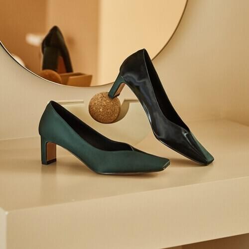 New Stylish Genuine Leather Square Heel Ladies Pumps Sexy square Toe High Heel Shoes Basic Slip-On Women Pumps