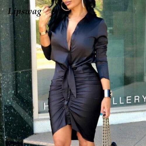Autumn Long Sleeve Women Mini Dress Solid Office Lady Tie-Up Bodycon Dresses 2021 Spring Deep V Neck Pleated Party Dress Vestido