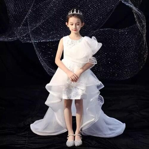 Flower Girl Dresses Illusion Appliques Embroidery Pearls Sleeveless O-Neck Princess Tulle Lace Luxury White Kids Party Gown H546
