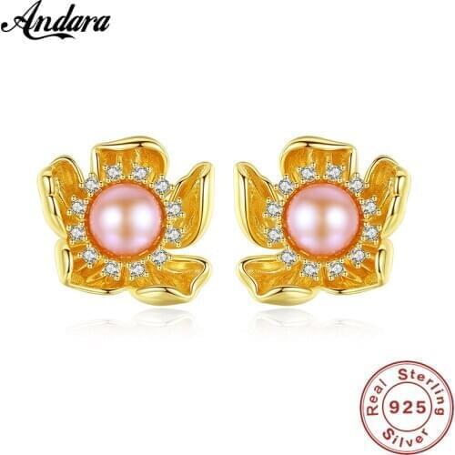 Luxury Jewelry 925 Sterling Silver Vintage Floral Shaped Natural Freshwater Pearl Stud Earrings Women Jewelry Gifts