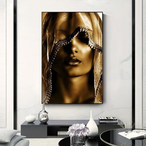 Luxury Style Gold Makeup Woman with Turban Posters and Prints Modern Wall Art Canvas Painting Pictures for Living Room Decor