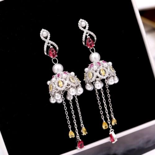 European And American Exaggerated Fashion Sweet Retro Wind Chime Earrings Tassel Pearl Bells Elegant Party Dating Ear Jewelry