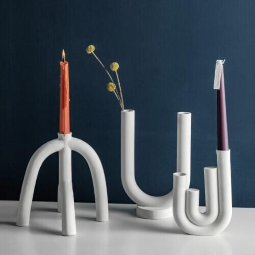 Nordic White Ceramic Candlestick Pipe U Shape Candle Holders Modern Candle Stand for Home Living Room Decor Creative Gift