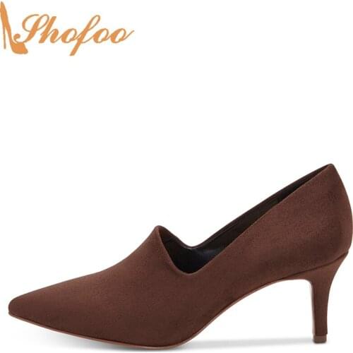 Coffee Pumps High Thin Heels Flock Women Pointed Toe Slip On Large Size 13 16 Ladies Fashion Basic Office Mature Shoes Shofoo