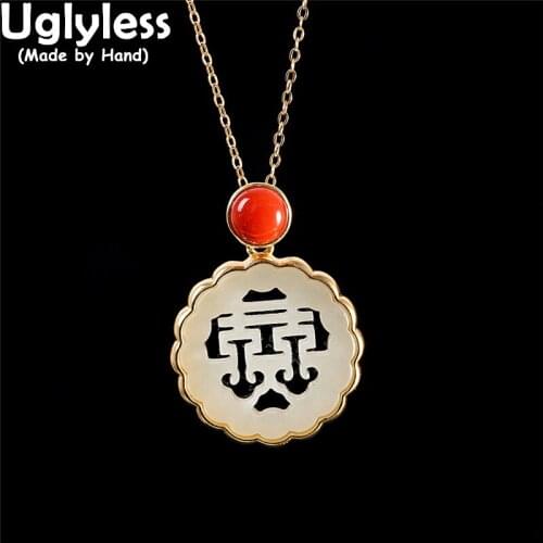 Uglyless Hollow Double XI Carved China Chic Jewelry for Women Natural Jade Medal Pendants Necklaces NO Chains 925 Silver Bijoux