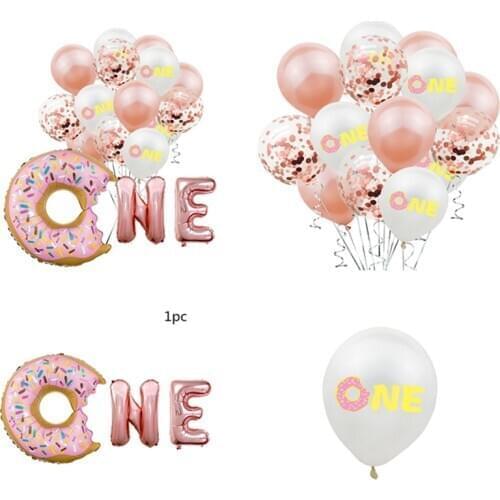 15pcs donuts ONE aluminum foil balloon 12 inch powder blue latex balloon 1 year old baby birthday party decoration baby shower