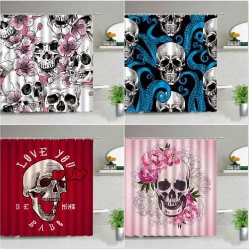 Terror Halloween Skull Printed Shower Curtains Day of the Dead Bathroom Curtain Pink Flower Waterproof Background Decor Screen