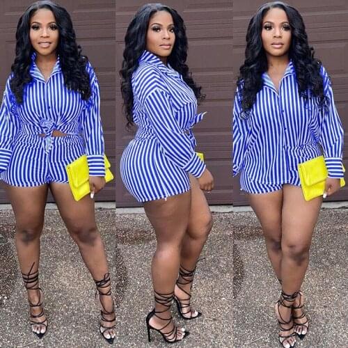 Striped Print Two Piece Short Set for Women Matching Sets Long Sleeve Shirt Tops and Shorts Sets Streetwear Casual Club Outfits