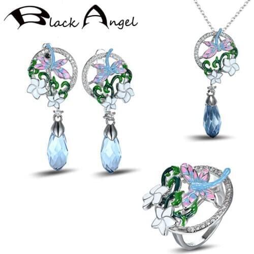 BLACK ANGEL Handmade Colorful Enamel Dragonfly Blue Gemstone Necklace Ring Long Earring For Women Fashion 925 Silver Jewelry Set