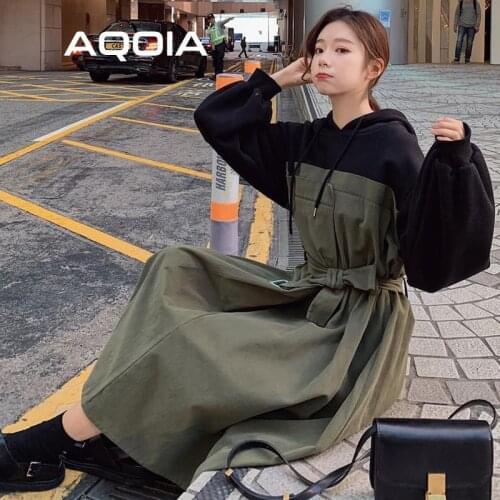 Streetwear Patchwork Women Fake two pieces Long Dress 2021 Winter Fashion Loose Hoode Long Sleeve Plus Size Y2K Ladies Dresses