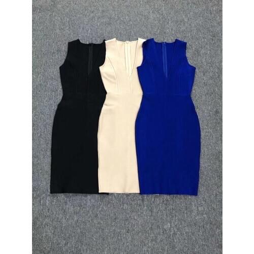 Elegant Bandage Bodycon Dress Women Summer Sexy Sleeveless Party Dress Casual V-Neck Slim Knit Party Dress Vestidos Femme Blue