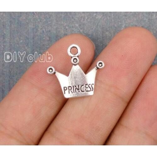 100pcs-Antique Silver Princess Crown Charm Pendant, Diy Vintage Jewelry Wholesale 19x17mm