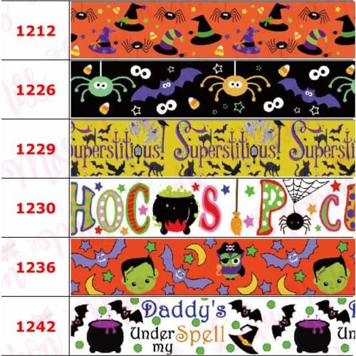 16mm-75mm Halloween Series Cartoon Ghost Pumpkin Printed Grosgrain/Foe Ribbon Geometric Wave Candy DIY Hair Bowknot 50yards/roll