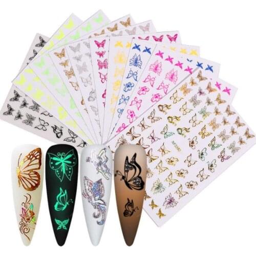 8/12Pcs Nail Stickers Decals 3D Butterfly Laser Holographic Colorful Adhesive Sliders Diy Decorations Nail Art Patch Manicure