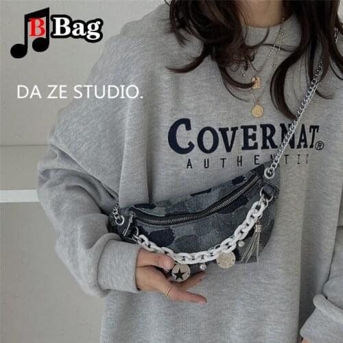 Splice design Denim messenger bag Women Shoulder bags Casual female Acrylic Handbags Lady Belt bag blue wallet Beggars bag