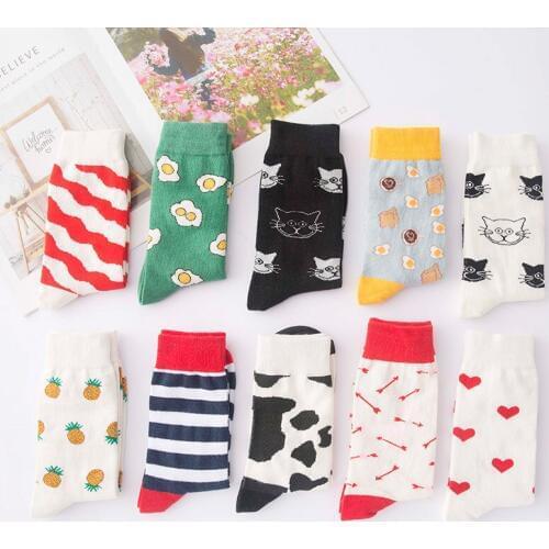 Women Socks Funny Cute Cartoon Fruits Pineapple Egg Love Animal Food Happy Japanese Harajuku Men skateboard Socks
