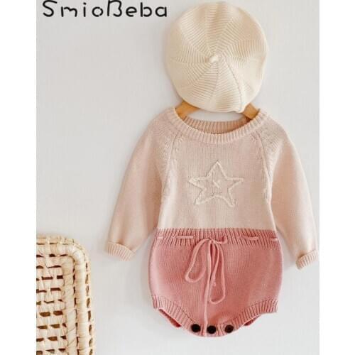 Ins Spring Baby Girl Korean Knitted Handmade Star Embroidered Rompers Long Sleeve Hatsuit Newborn Bodysuit Cute Birthday Clothes